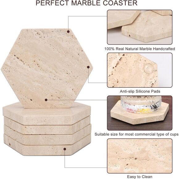 Hexagonal Travertine Marble Coaster Set of 5 Natural Beige Stone Home Decor - Picture 4 of 10